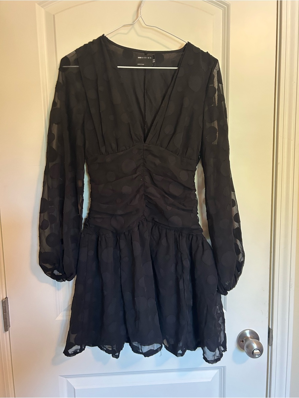 Babaton Black Polka Dot Sheer Long Sleeve Mini Dress